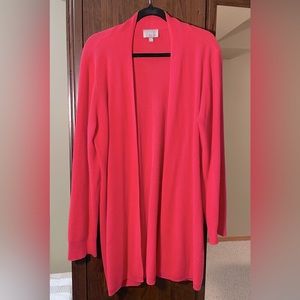 Long open coral sweater excellent for an added layer